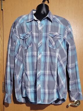 BKE Men's Blue and Gray Plaid Button-Down Shirt